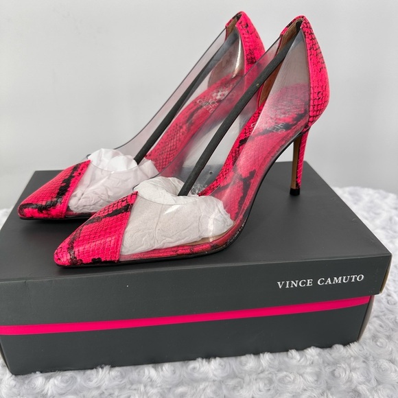 NIB Vince Camuto Neon Pink Snake Print Vinyl Clear Heels - Picture 1 of 7